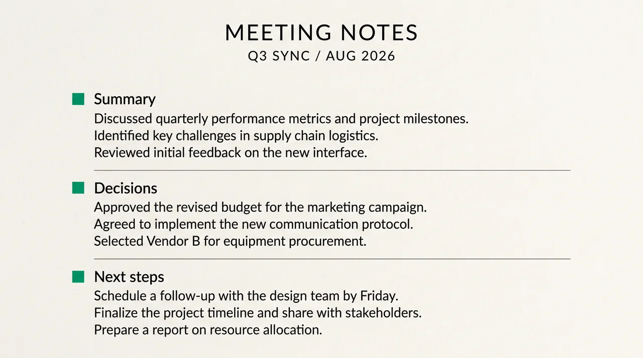 Meeting notes document with summary, decisions and next steps